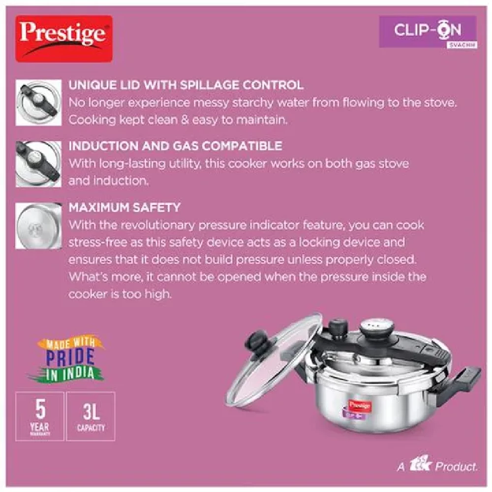 Prestige Clip On Svachh Stainless Steel Outer Lid Pressure Cooker - Induction Base, 20229 - Image 4