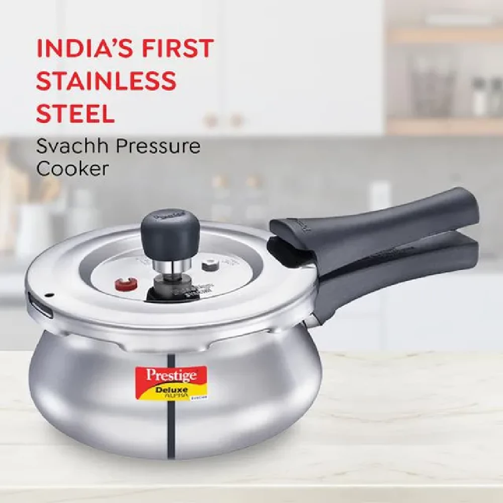 Prestige Deluxe Alpha Svachh Stainless Steel Spillage Control Handi Pressure Cooker - With Glass Lid, Silver - Image 2
