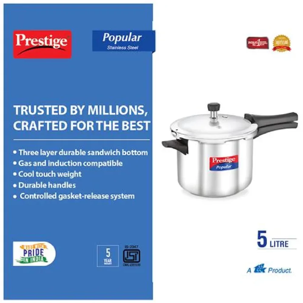 Prestige Popular Stainless Steel Outer Lid Pressure Cooker - Induction Base, 20652 - Image 3