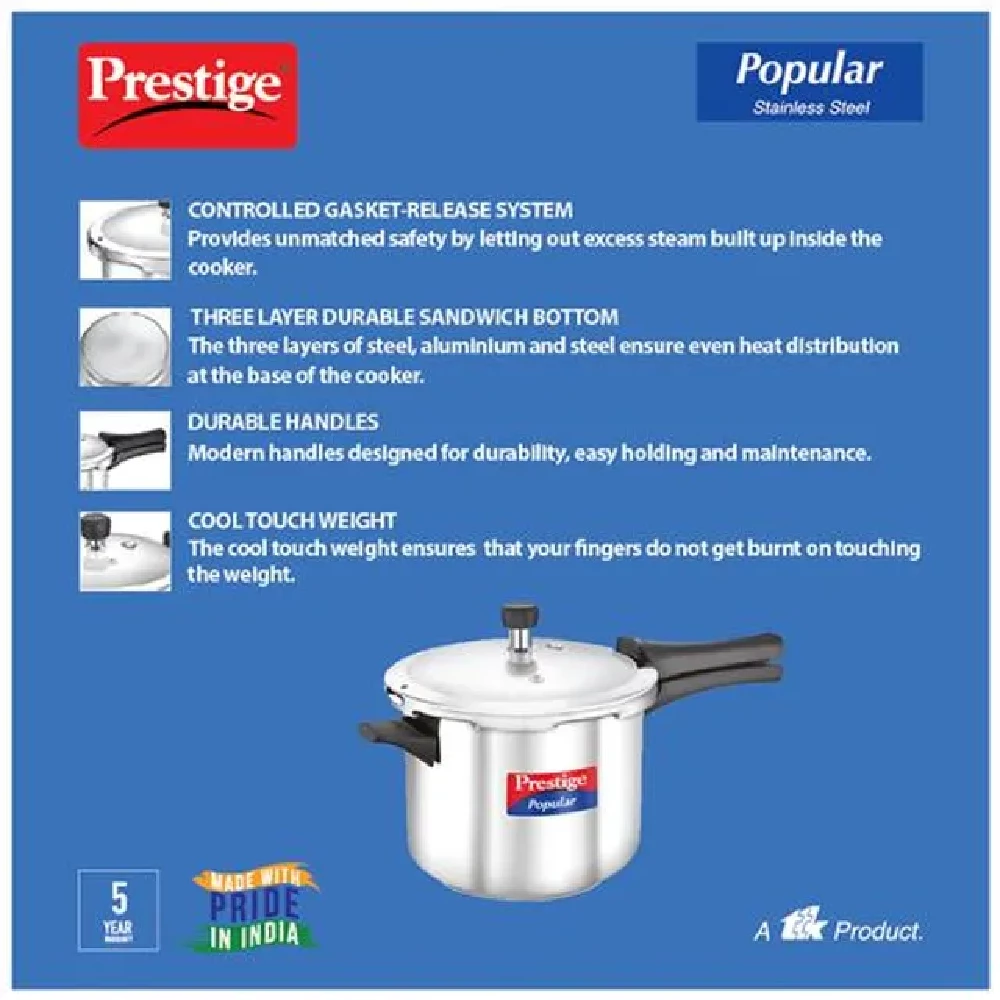 Prestige Popular Stainless Steel Outer Lid Pressure Cooker - Induction Base, 20652 - Image 4