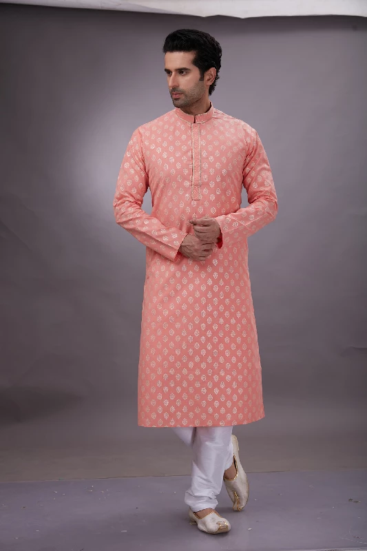 Printed Cotton Kurta Set in Light Peach