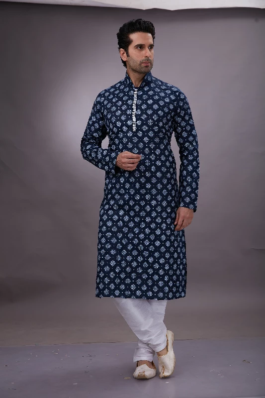 Printed Cotton Kurta Set in Navy Blue