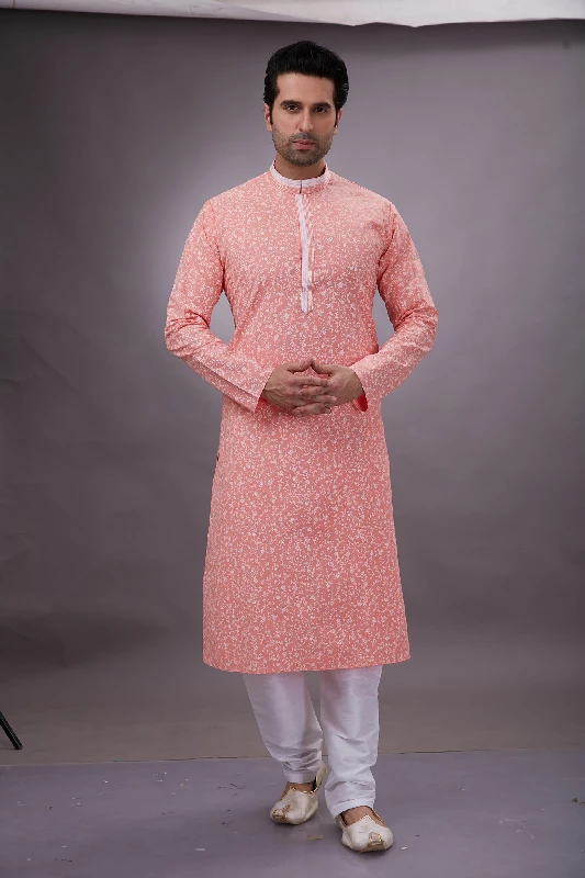 Printed Cotton Kurta Set in Peach