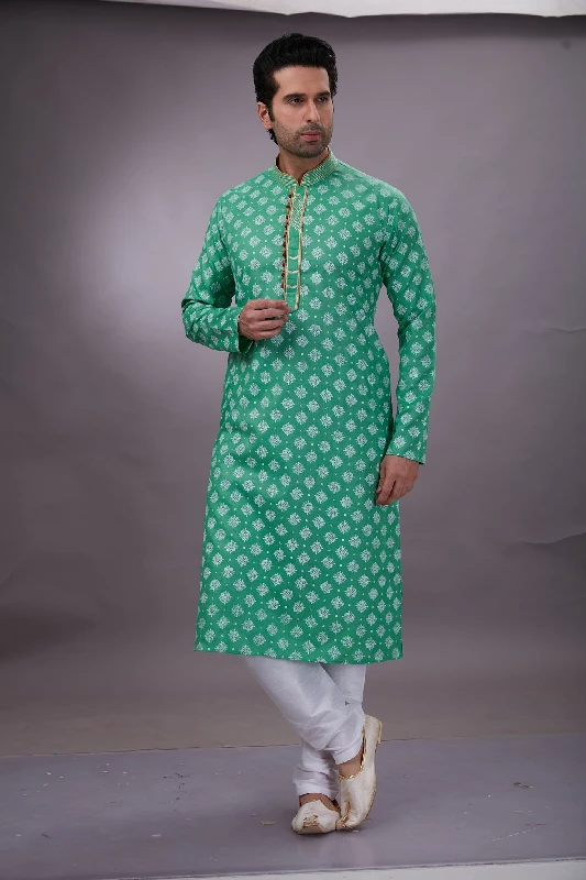 Printed Cotton Kurta Set in Teal Green