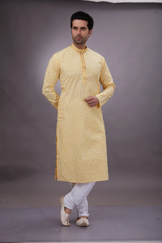 Printed Cotton Kurta Set in Yellow