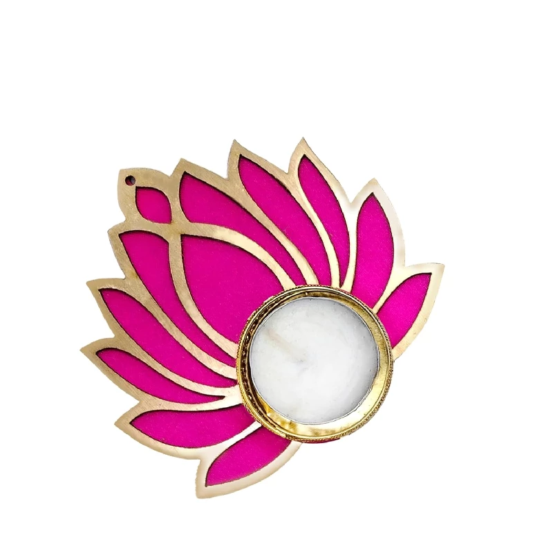 ProKart Premium Pink Lotus Wooden Chudi Diya Rangoli with Moti Beads Centre Diya - Image 2