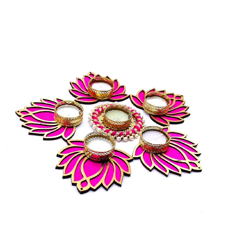 ProKart Premium Pink Lotus Wooden Chudi Diya Rangoli with Moti Beads Centre Diya - Image 3