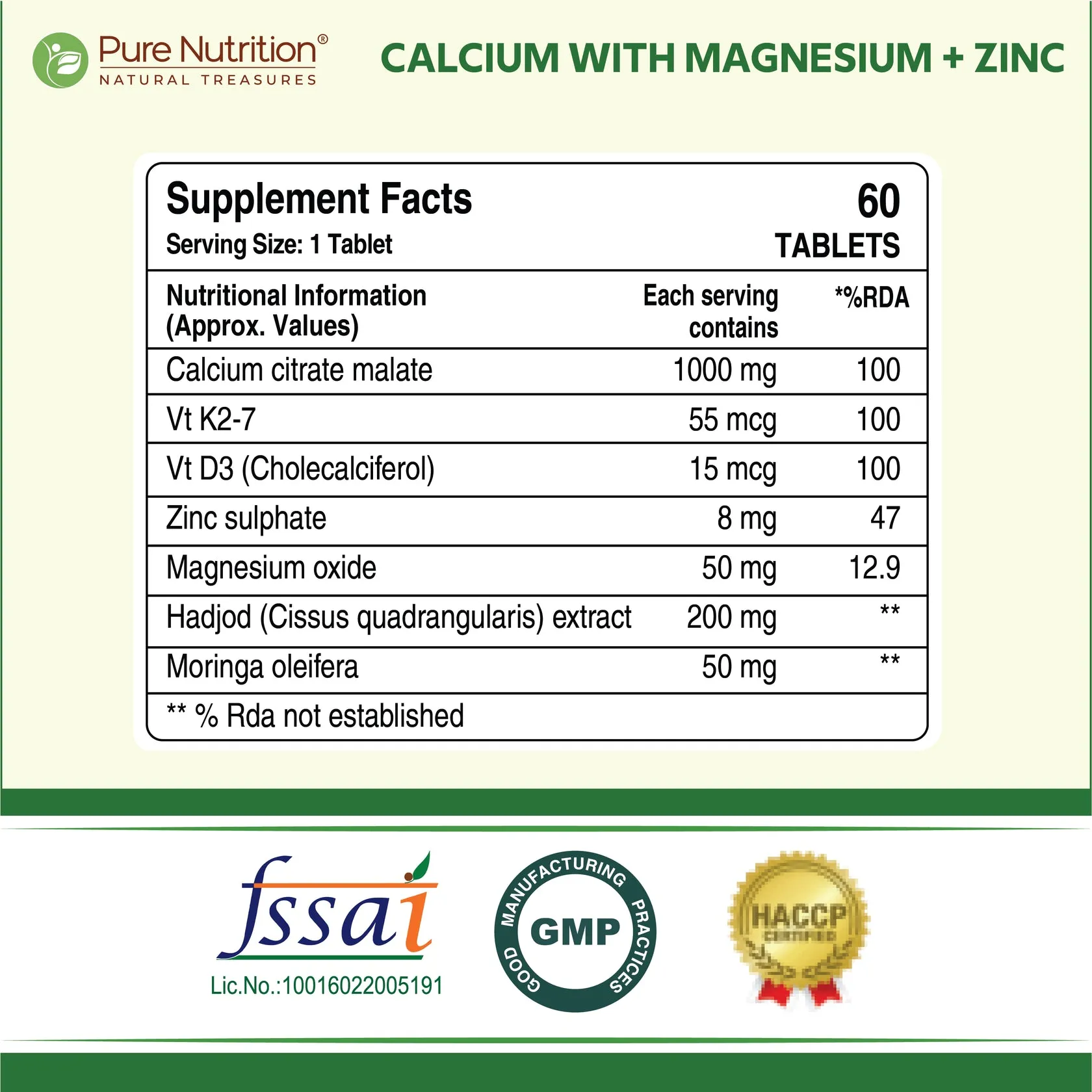 Pure Nutrition Calcium Magnesium + Zinc With Vitamin D3 & K2 - Image 3
