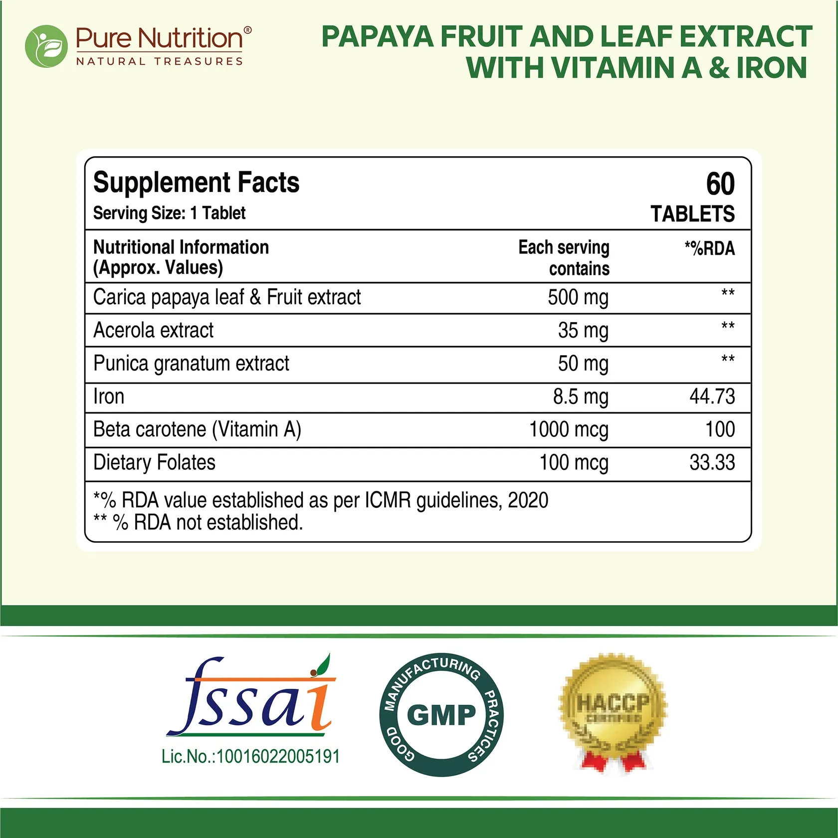 Pure Nutrition Papaya Leaf And Fruit  Extract Tablets - Image 2