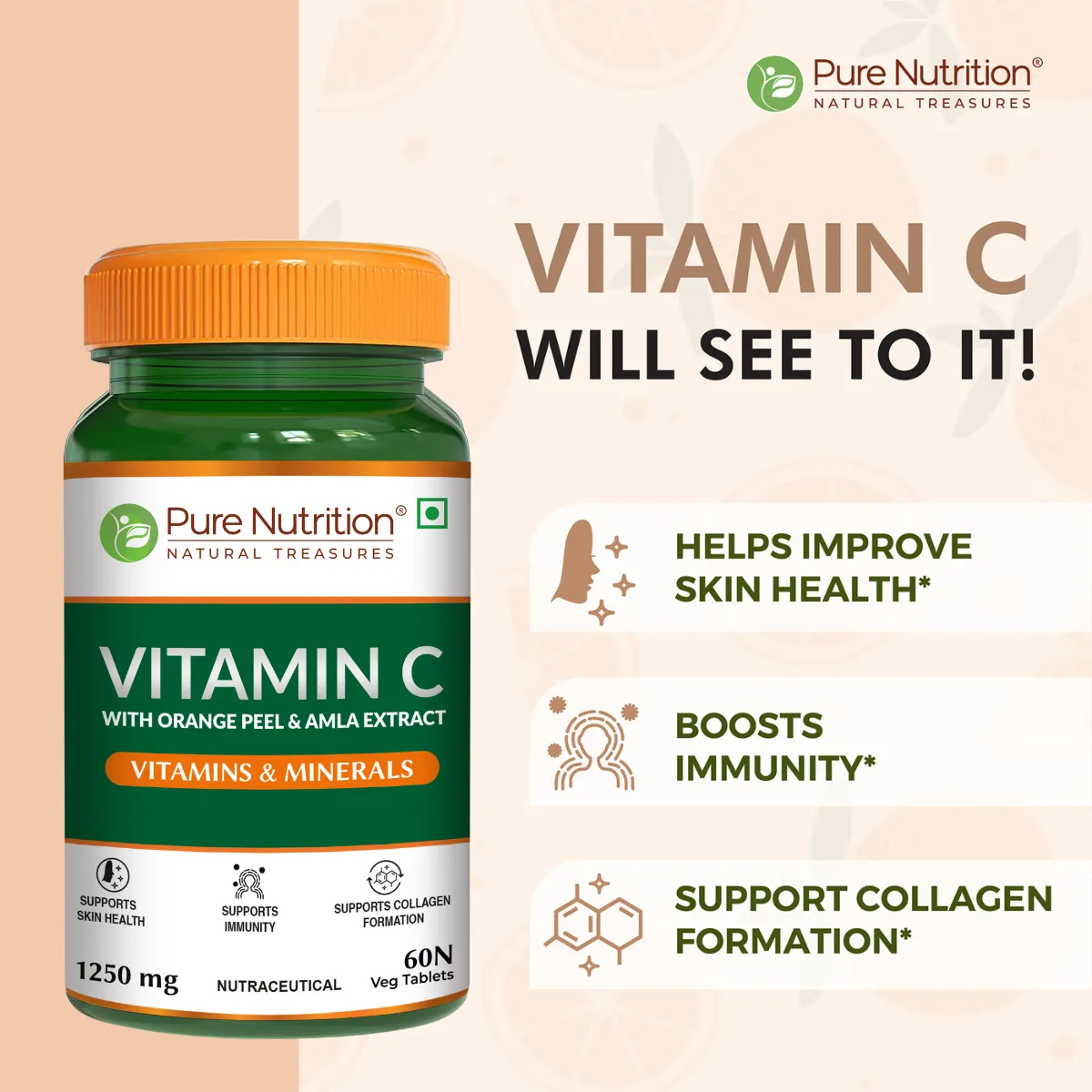 Pure Nutrition Vitamin C Tablets With Orange Peel & Amla Extract For Skin & Immunity - Image 2
