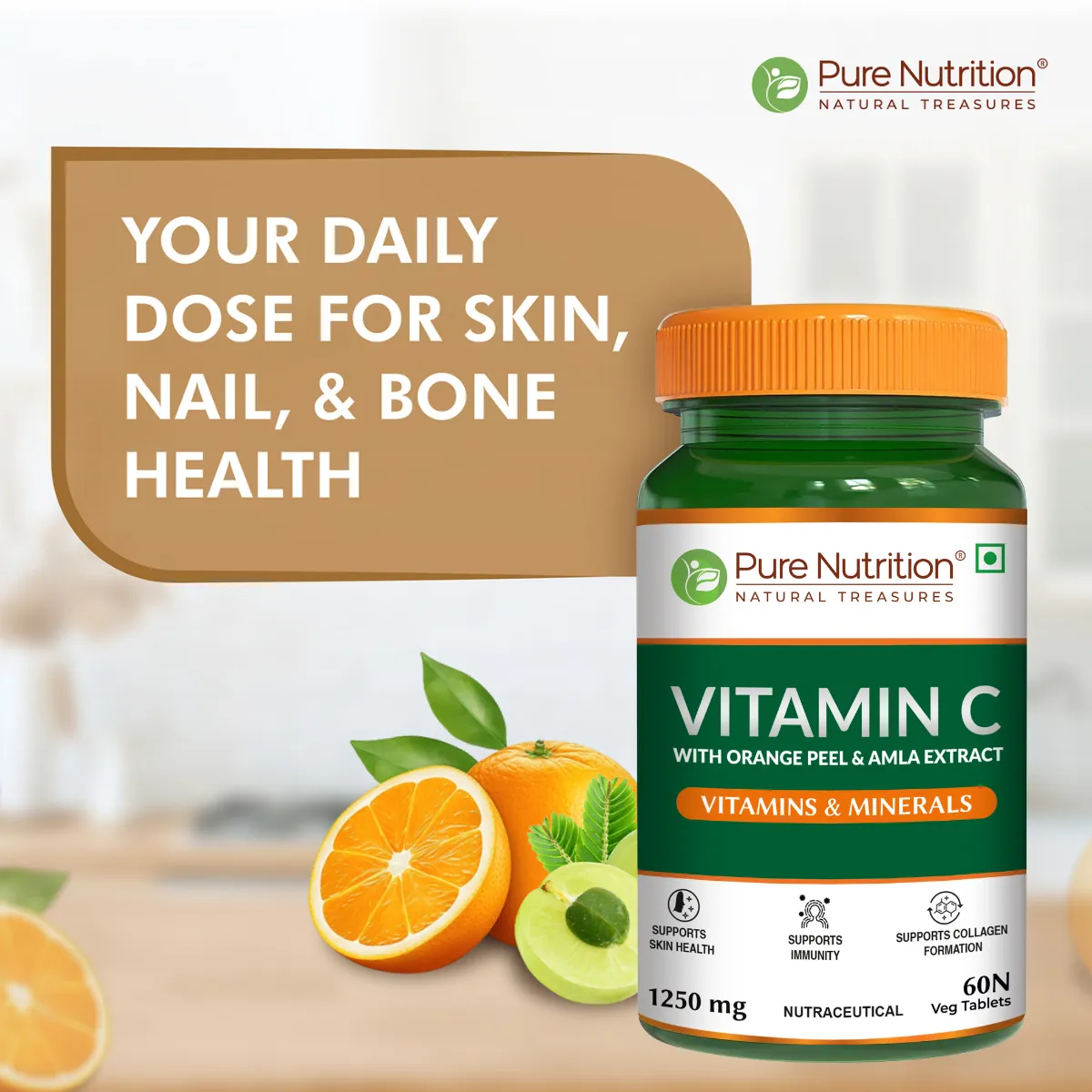 Pure Nutrition Vitamin C Tablets With Orange Peel & Amla Extract For Skin & Immunity - Image 3