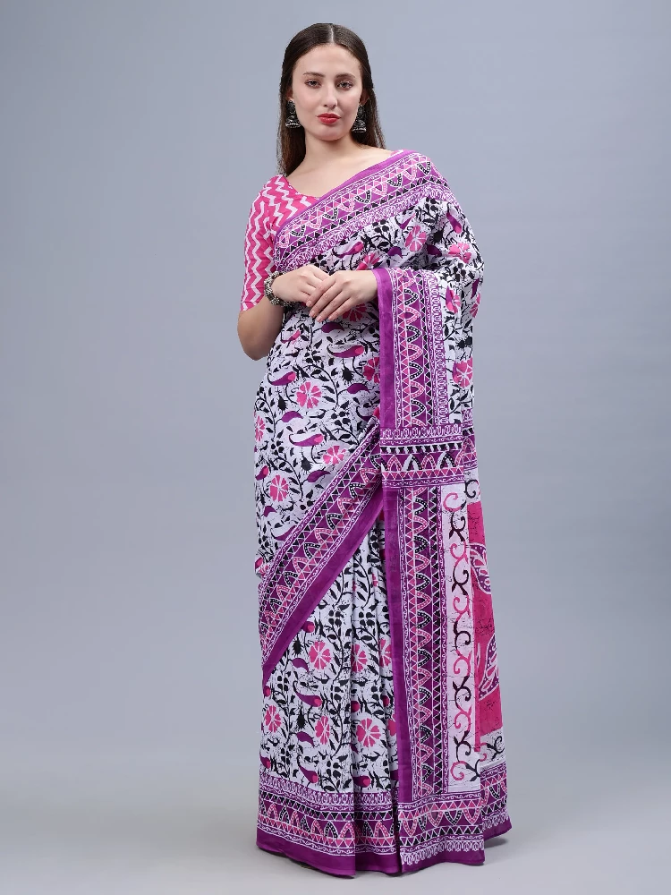 Purple Printed Malmal Cotton Saree - Image 1