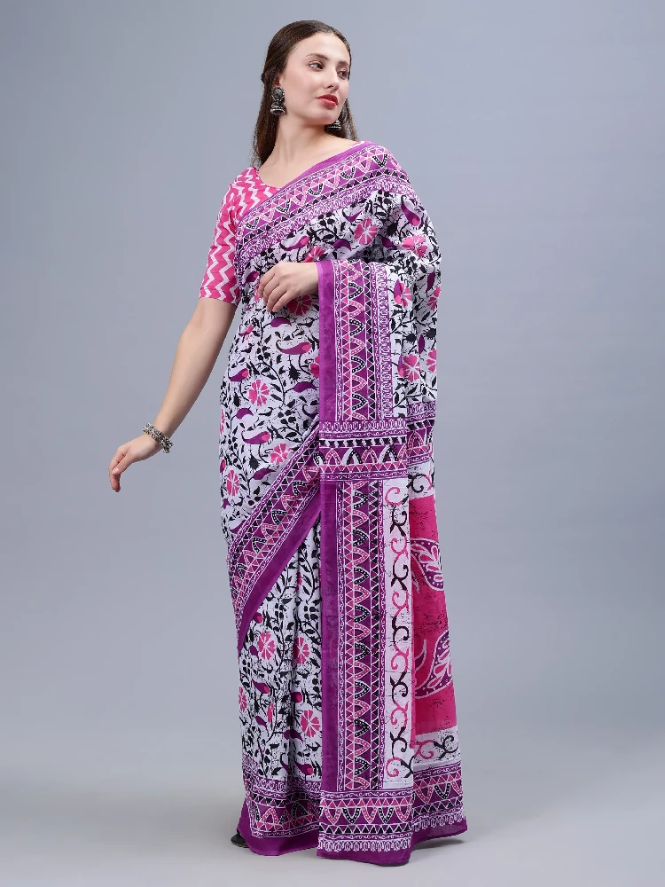 Purple Printed Malmal Cotton Saree - Image 2