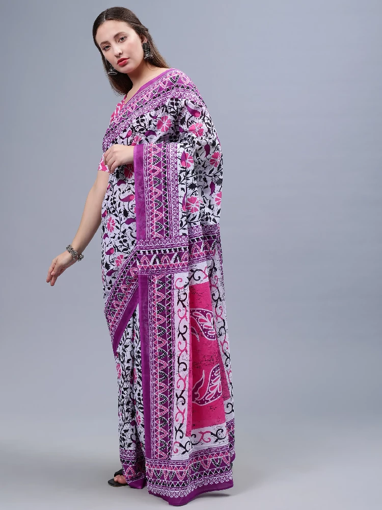 Purple Printed Malmal Cotton Saree - Image 3