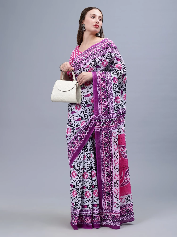 Purple Printed Malmal Cotton Saree - Image 4