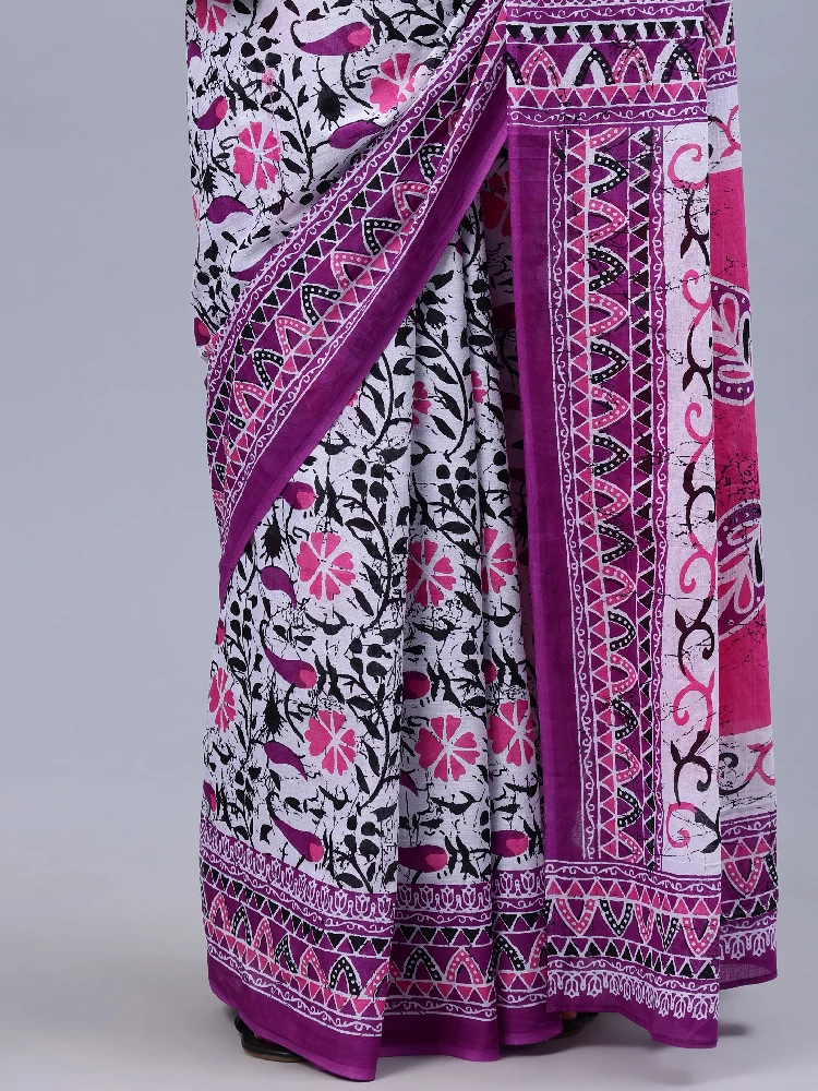 Purple Printed Malmal Cotton Saree - Image 5