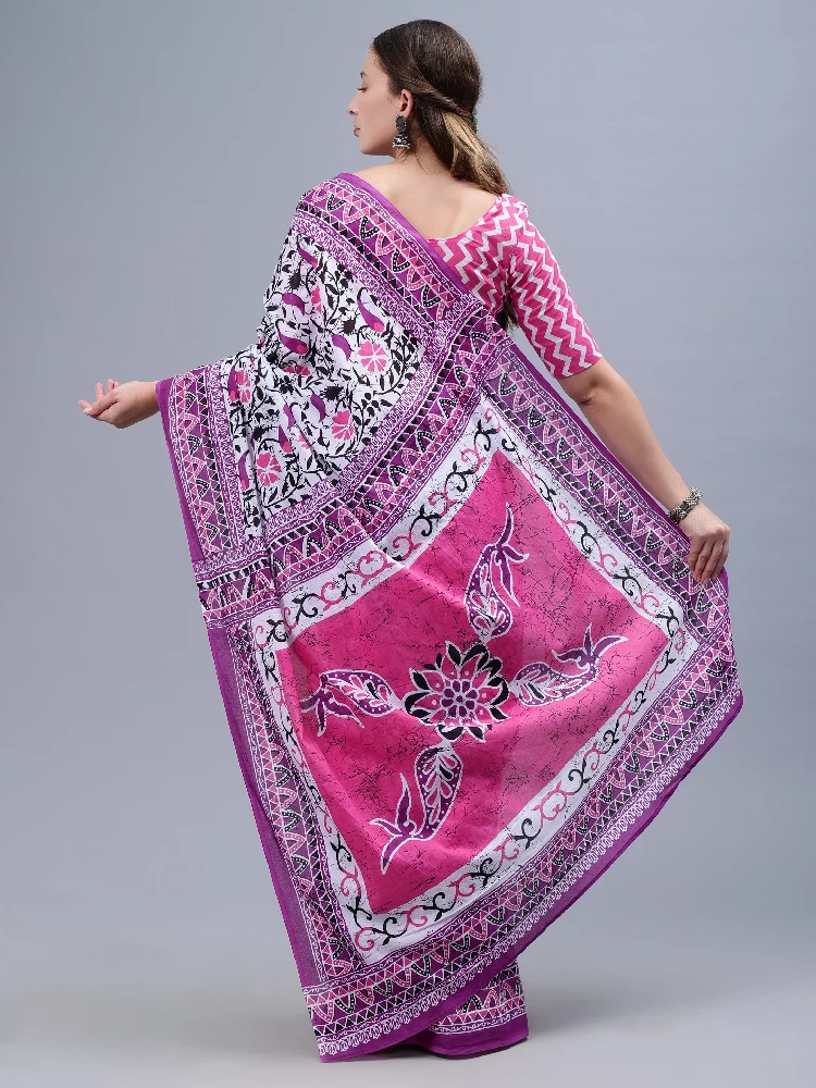 Purple Printed Malmal Cotton Saree - Image 6
