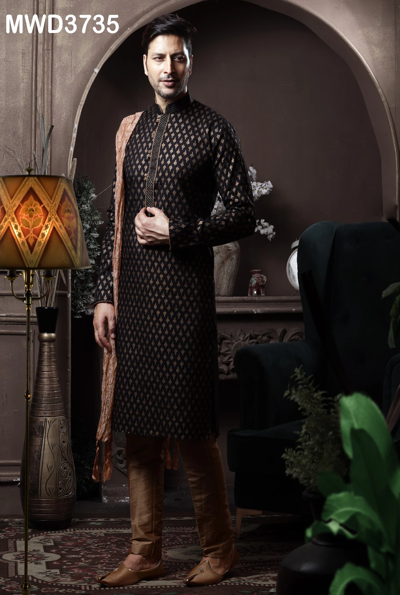 Readymade Black Mens Printed Kurta Pajama - Image 1