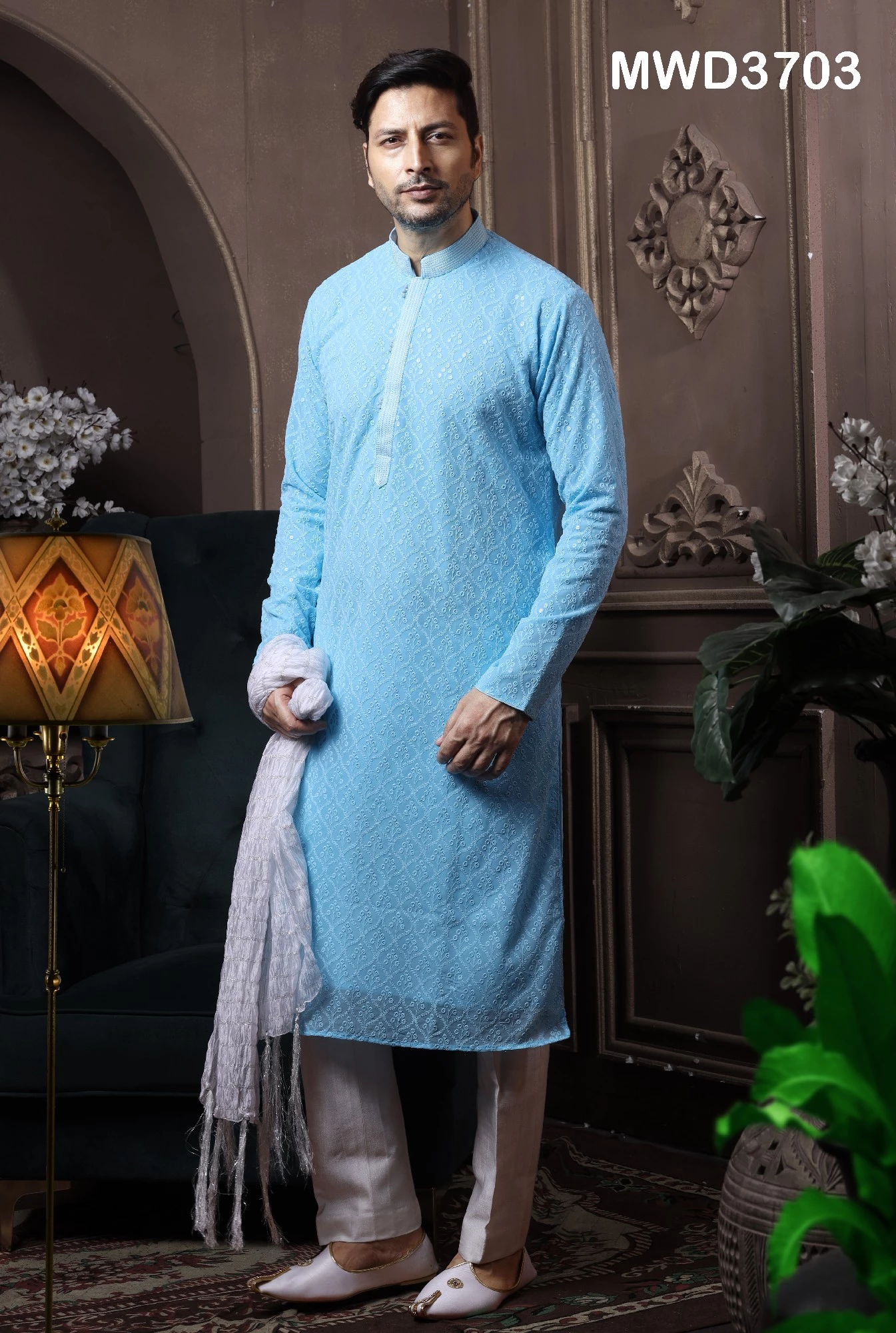 Readymade Blue Chikankari Kurta Pajama In Georgette - Image 1