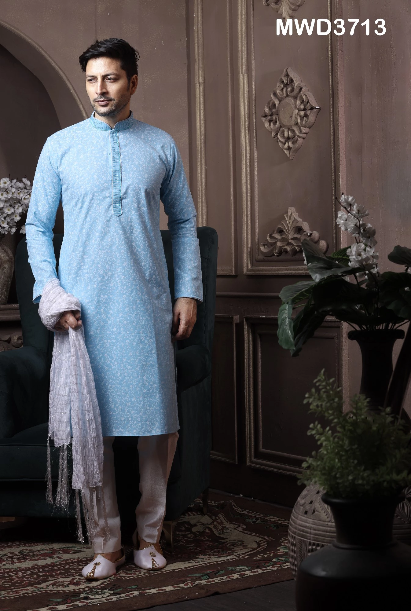 Readymade Blue Floral Kurta Pajama In Cotton - Image 8