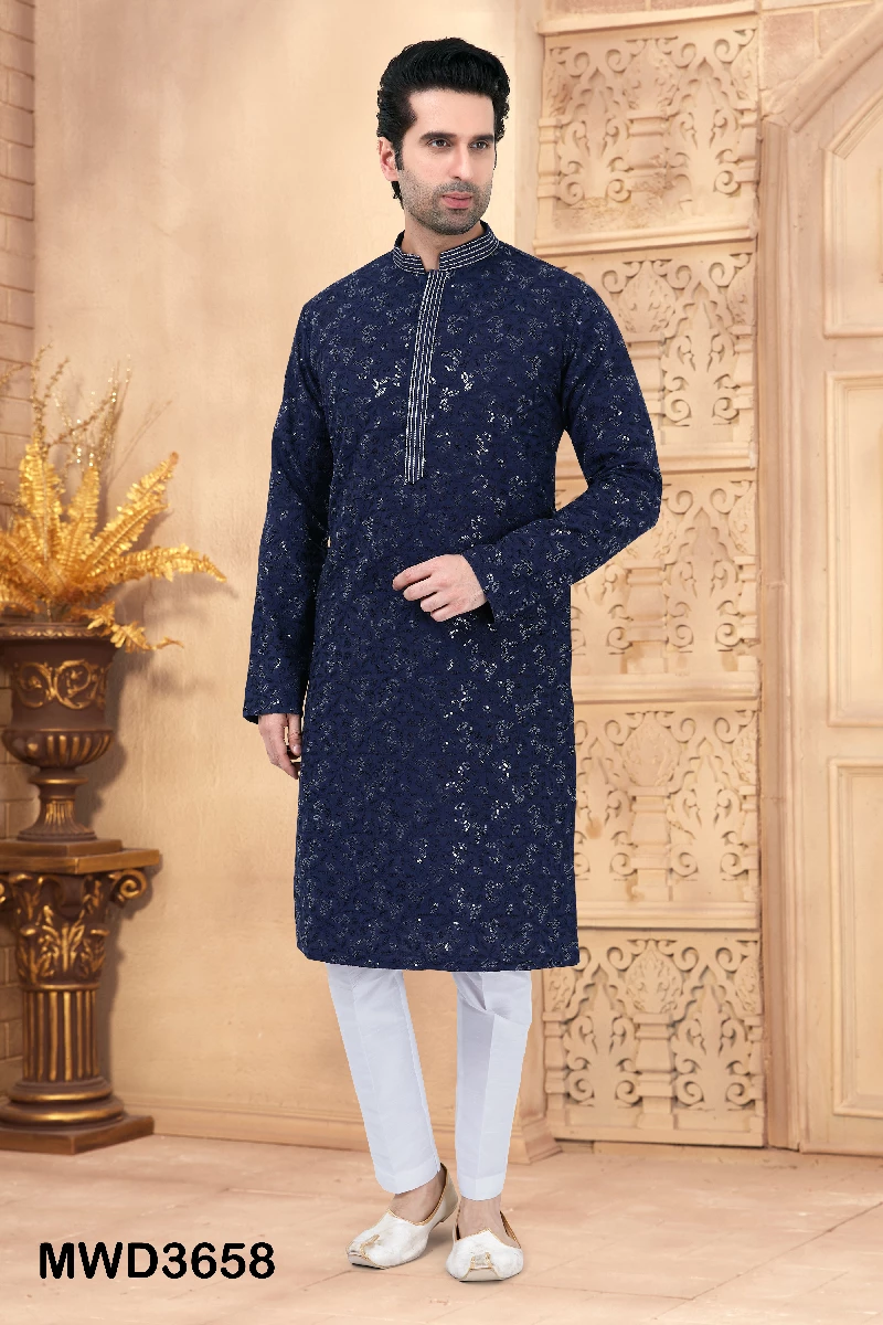 Readymade Blue Sequined Kurta Pyjama In Cotton - Image 6