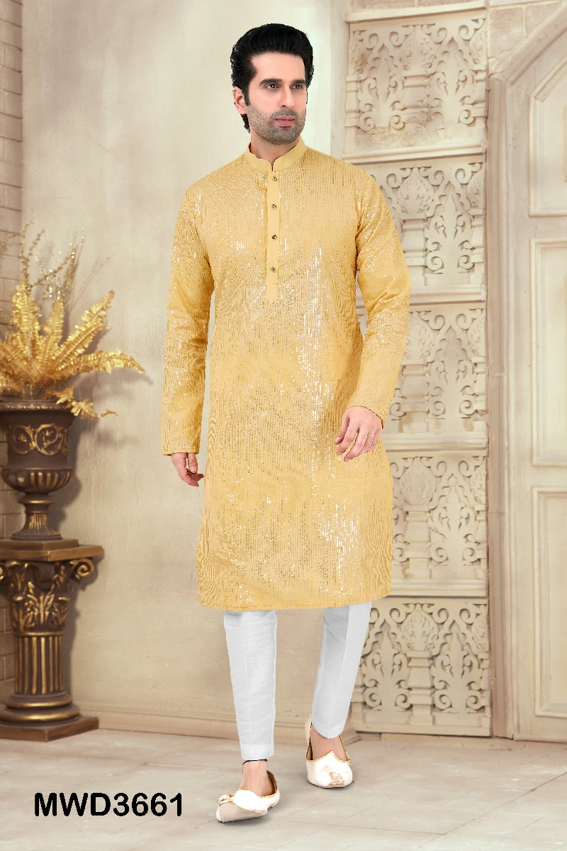 Readymade Yellow Sequins Embroidered Kurta Pajama - Image 1