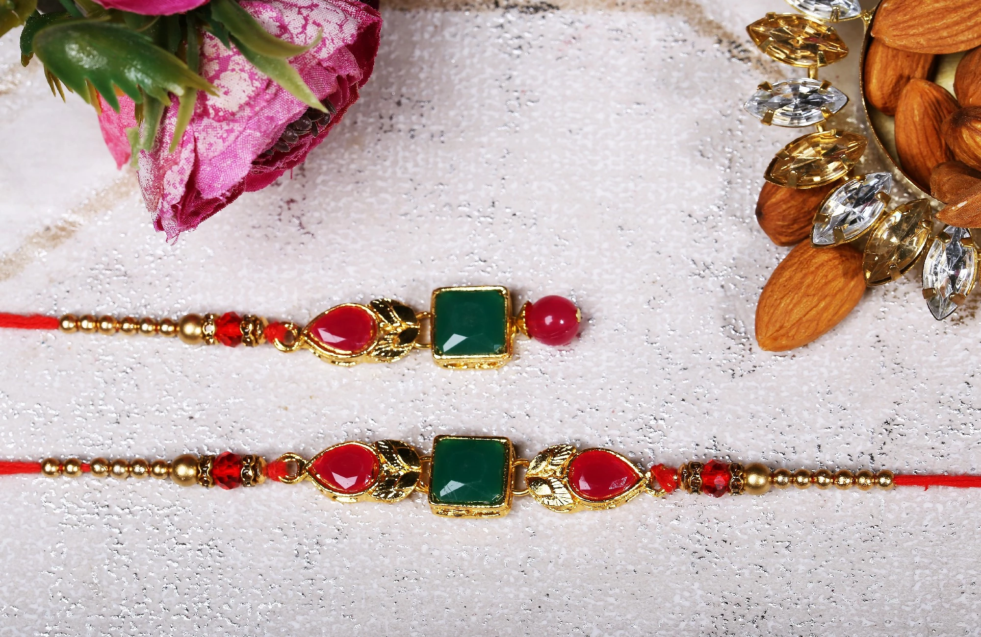 Red & Green Kundan Studded Bhaiya Bhabi Rakhi - Image 1
