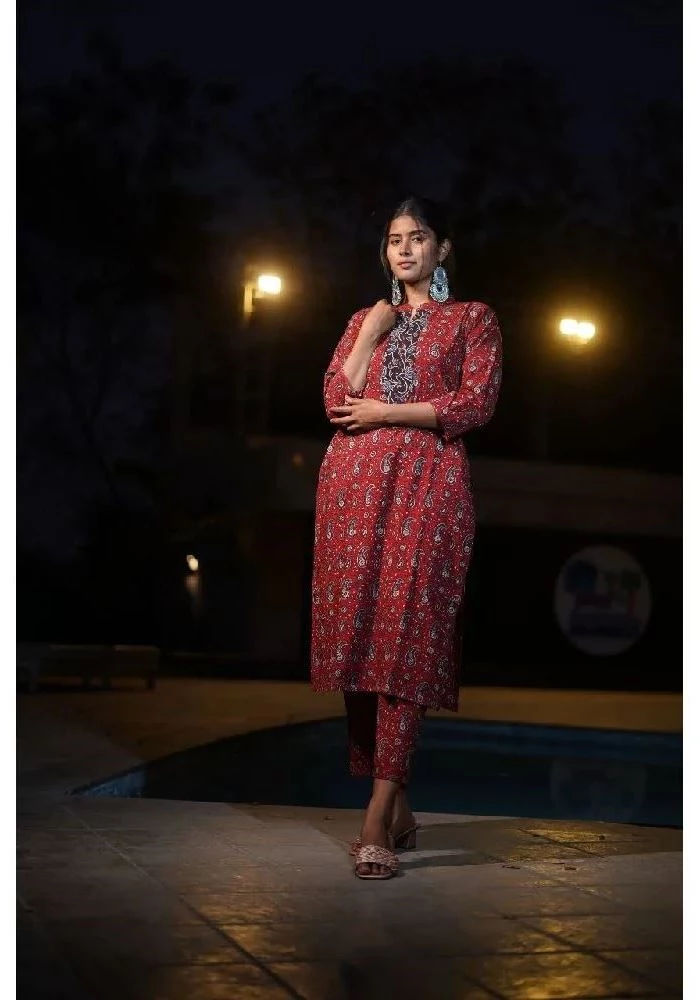 Red Ajrakh Hand-Block Print Cotton Pants