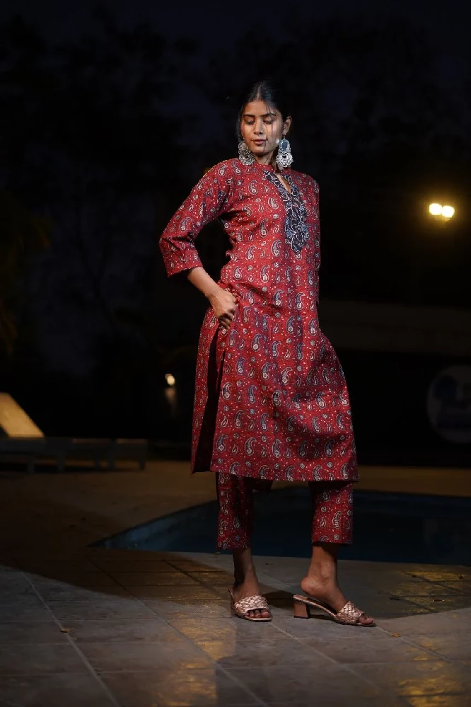 Red Ajrakh Hand-Block Print Cotton Pants - Image 4