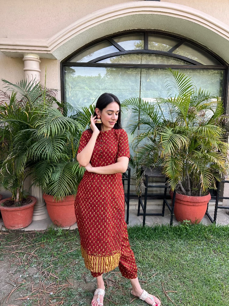 Red Cotton Kurti with Yellow Bagh Hand Block Print - Image 2