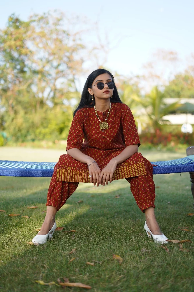 Red Cotton Kurti with Yellow Bagh Hand Block Print - Image 3