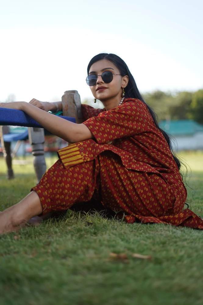 Red Cotton Kurti with Yellow Bagh Hand Block Print - Image 4