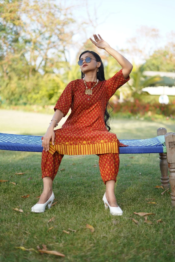 Red Cotton Kurti with Yellow Bagh Hand Block Print - Image 5