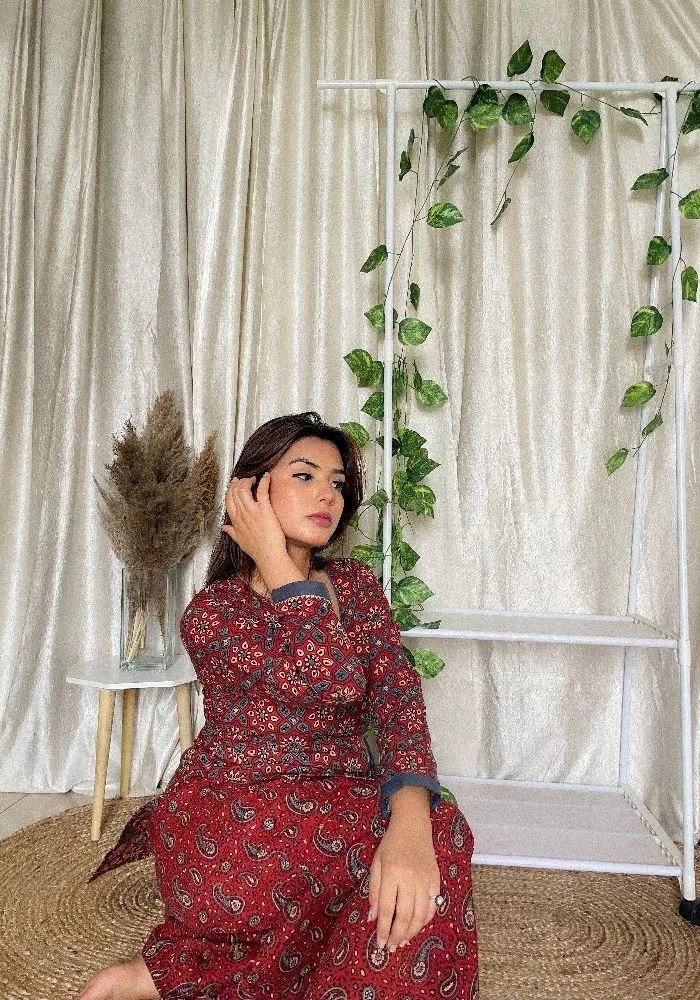Red Cotton Palazzo with Ajrakh Hand-Block Print