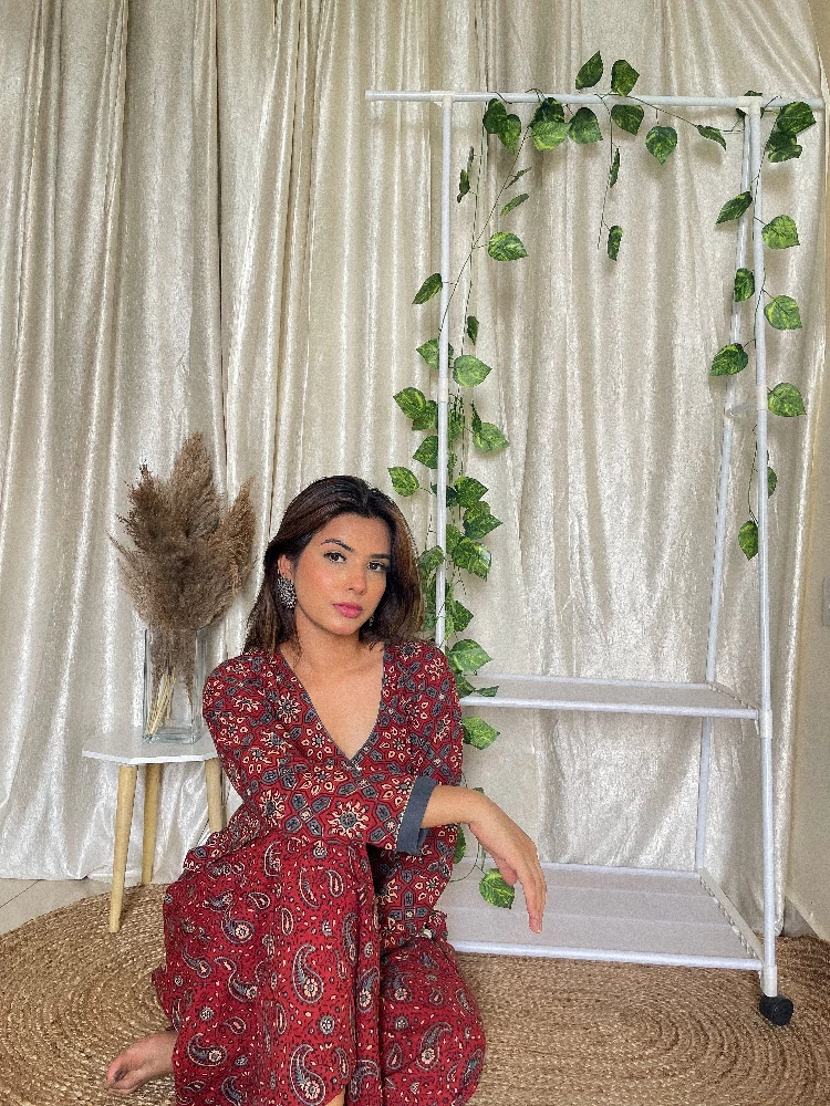 Red Cotton Palazzo with Ajrakh Hand-Block Print - Image 2