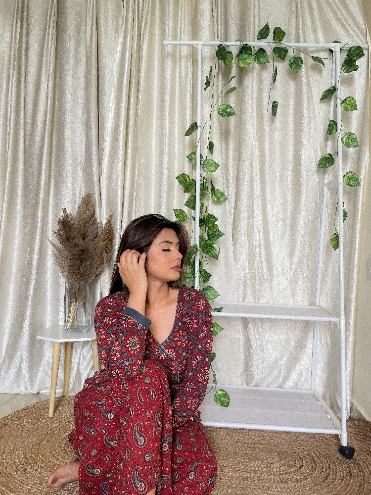 Red Cotton Palazzo with Ajrakh Hand-Block Print - Image 3