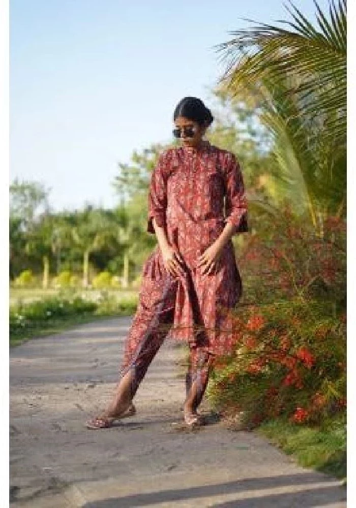 Red Cotton Pants with Hand-block Ajrakh Print