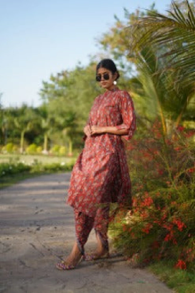 Red Cotton Pants with Hand-block Ajrakh Print - Image 3
