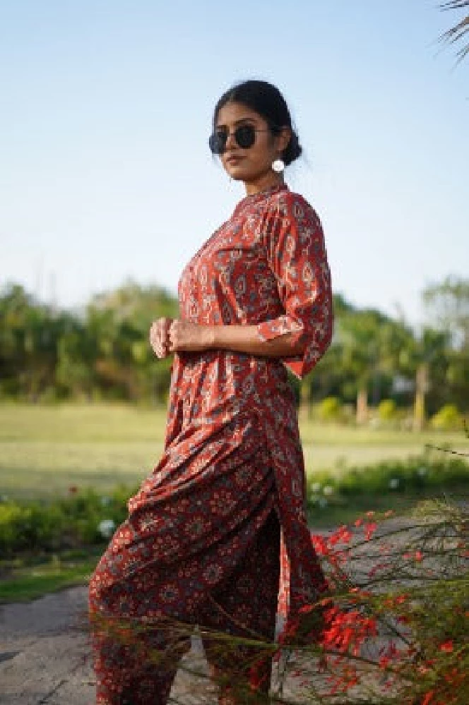 Red Cotton Pants with Hand-block Ajrakh Print - Image 4