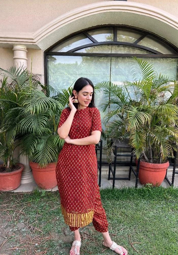 Red Cotton Salwar Pant with Bagh Hand Block Prints - Image 1