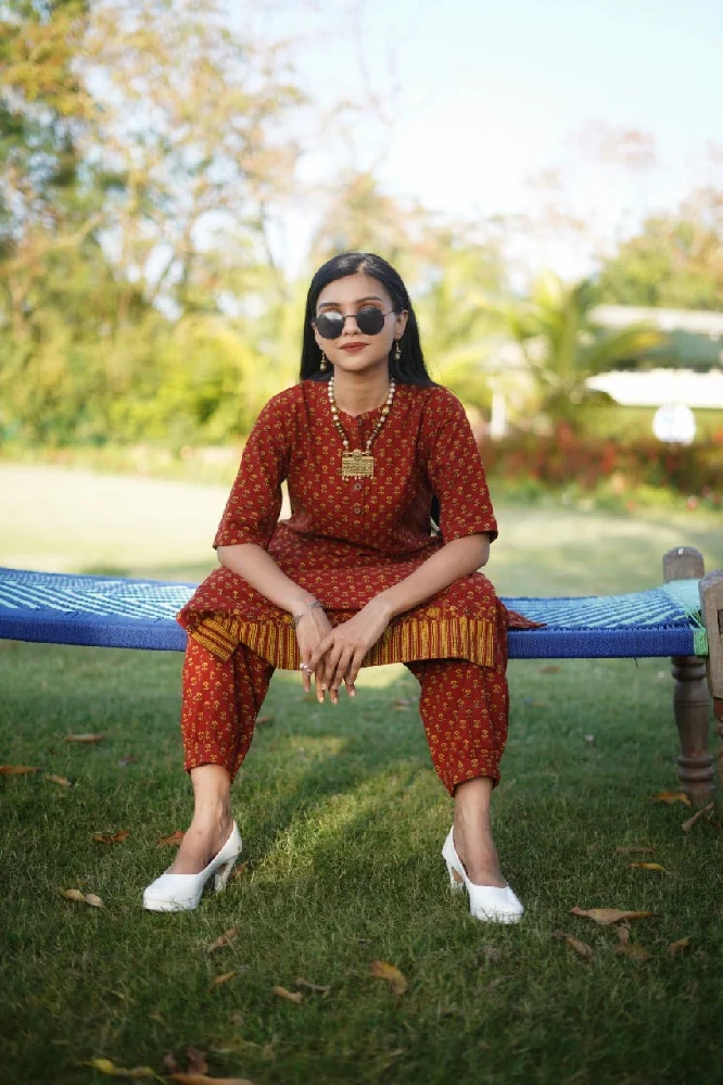 Red Cotton Salwar Pant with Bagh Hand Block Prints - Image 4