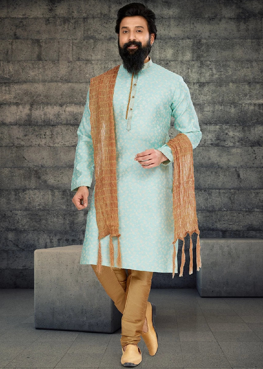 Red Mens Jacquard Kurta Pajama - Image 1