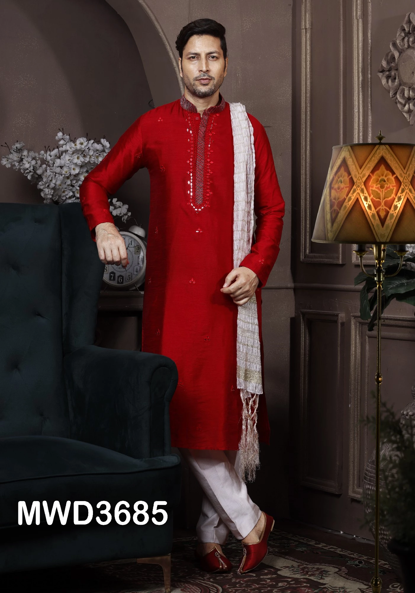 Red Readymade Silk Kurta Pyjama With Mirror Work - Image 1