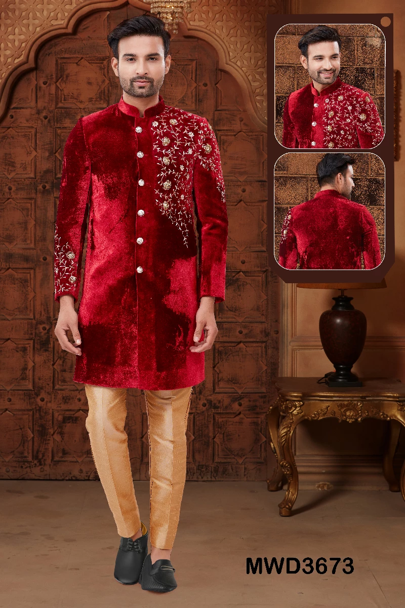 Red Velvet Readymade Sherwani For Men - Image 6