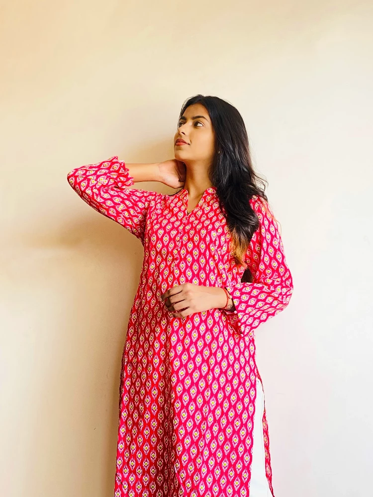 Rose Pink Sanagneri Print Kurti - Image 4