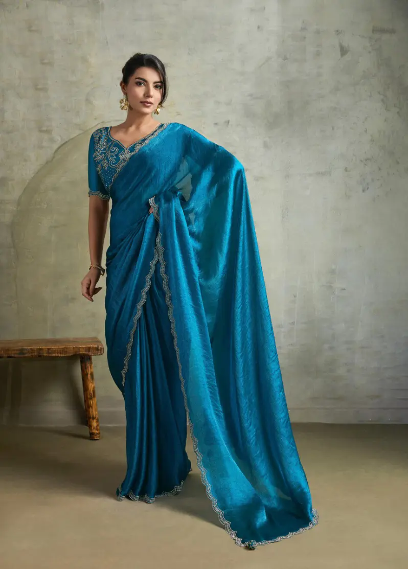 Roykals Blue Fendy Chiffon Blooming Designer Saree with Latkan - Image 3
