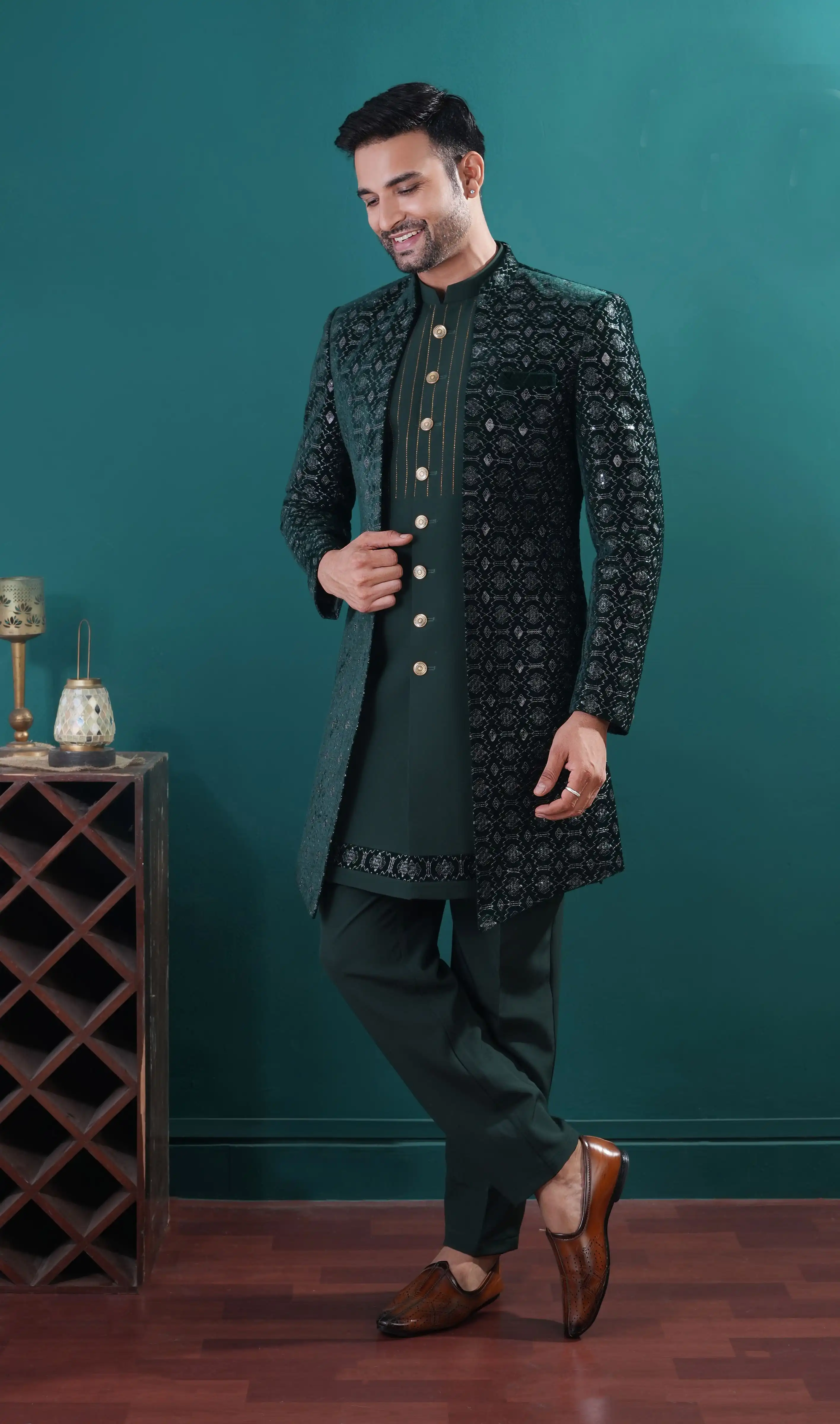 Roykals Bottle Green Velvet Indo Western Set for Men - RT13391 - 212613