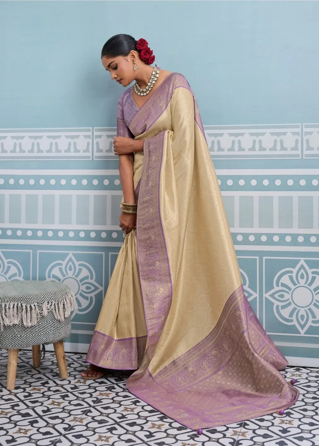 Roykals Cream Kanjivaram Soft Silk Saree with Lavender Blouse Roykals Cream Kanjivaram Soft Silk Saree with Lavender Blouse-Design No.-RT13521 - 213197