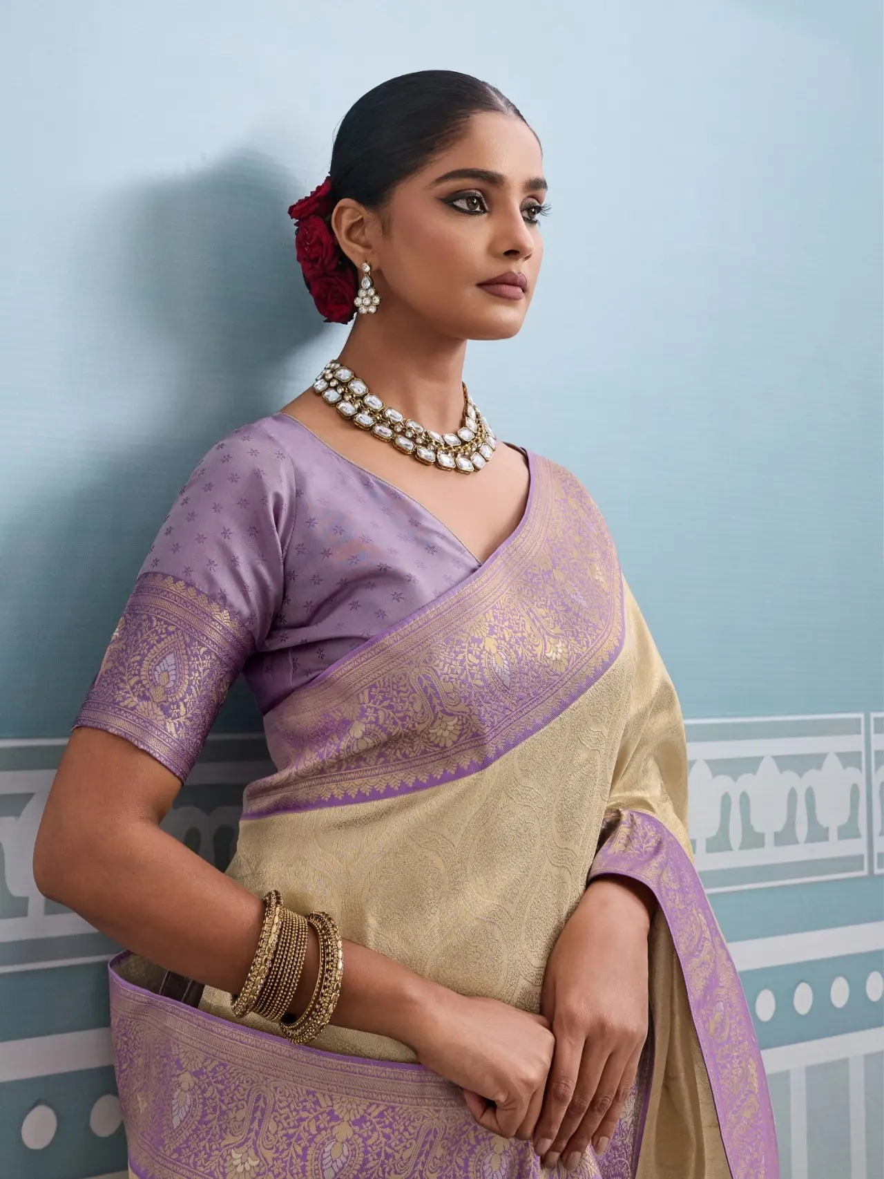 Roykals Cream Kanjivaram Soft Silk Saree with Lavender Blouse - Image 2