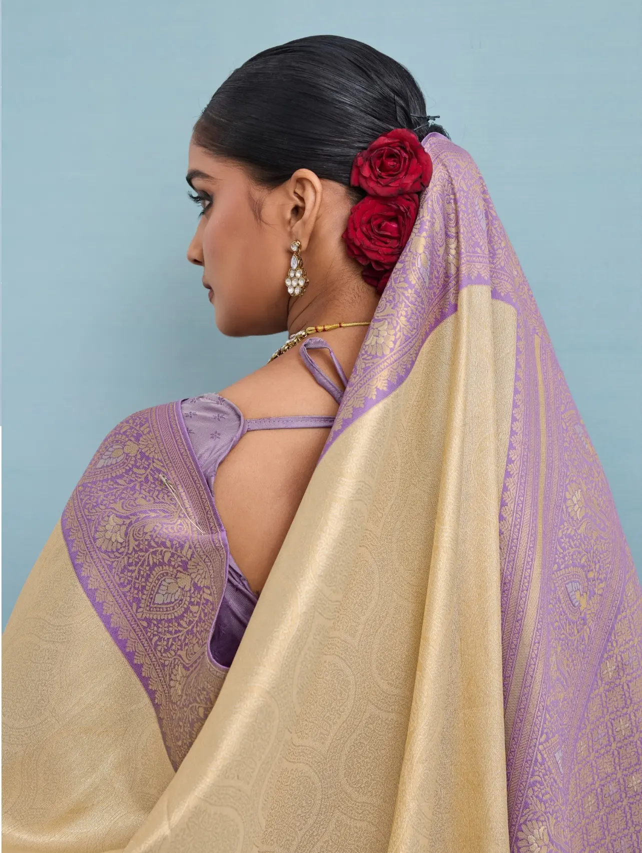 Roykals Cream Kanjivaram Soft Silk Saree with Lavender Blouse - Image 3